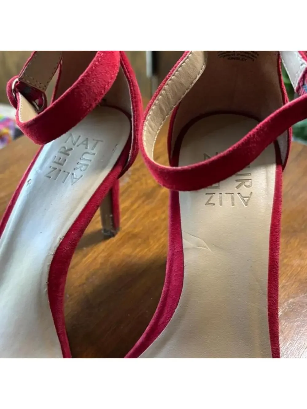 Red suede naturalizer heels in US 8M #heels #suede with circle detail at buckle
